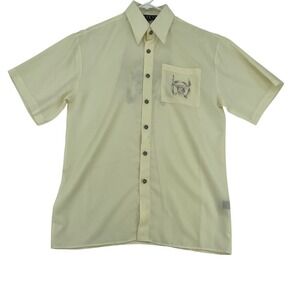Sefeni Mens Cream Short Sleeve Button Down Shirt‎ Bull Graphic Microfibre Small